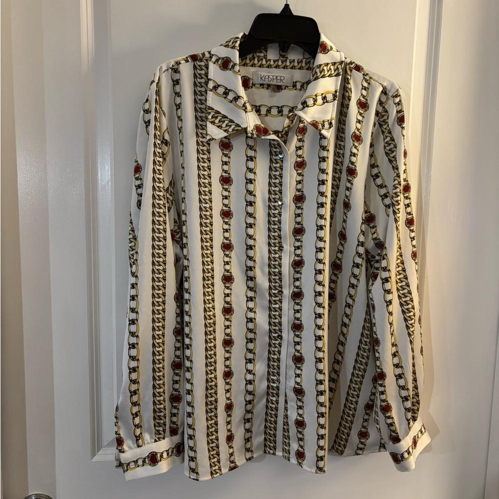 Kasper Woman’s White Chain-Print Button-Up Blouse Sz 14